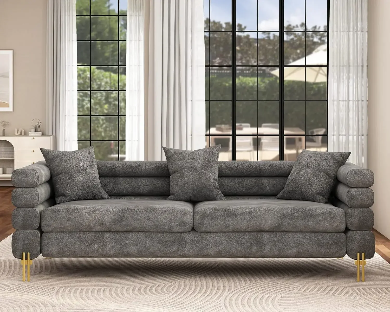 Oversized Sofa 85 Inch Sofa Couch 3 Seater Comfy Bouclé Deep Seat Sofa for Living Room Grey Streamlined Modern Style
