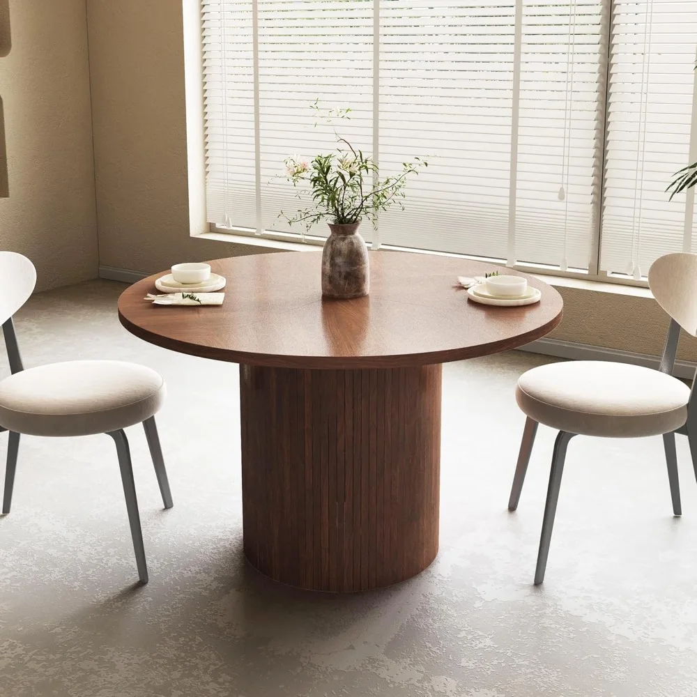 Round Dining Table for 4, Modern Farmhouse Kitchen Table, 47 Inch Small Circle Dining Tables with Wood Strip Base for Kitchen Li 6