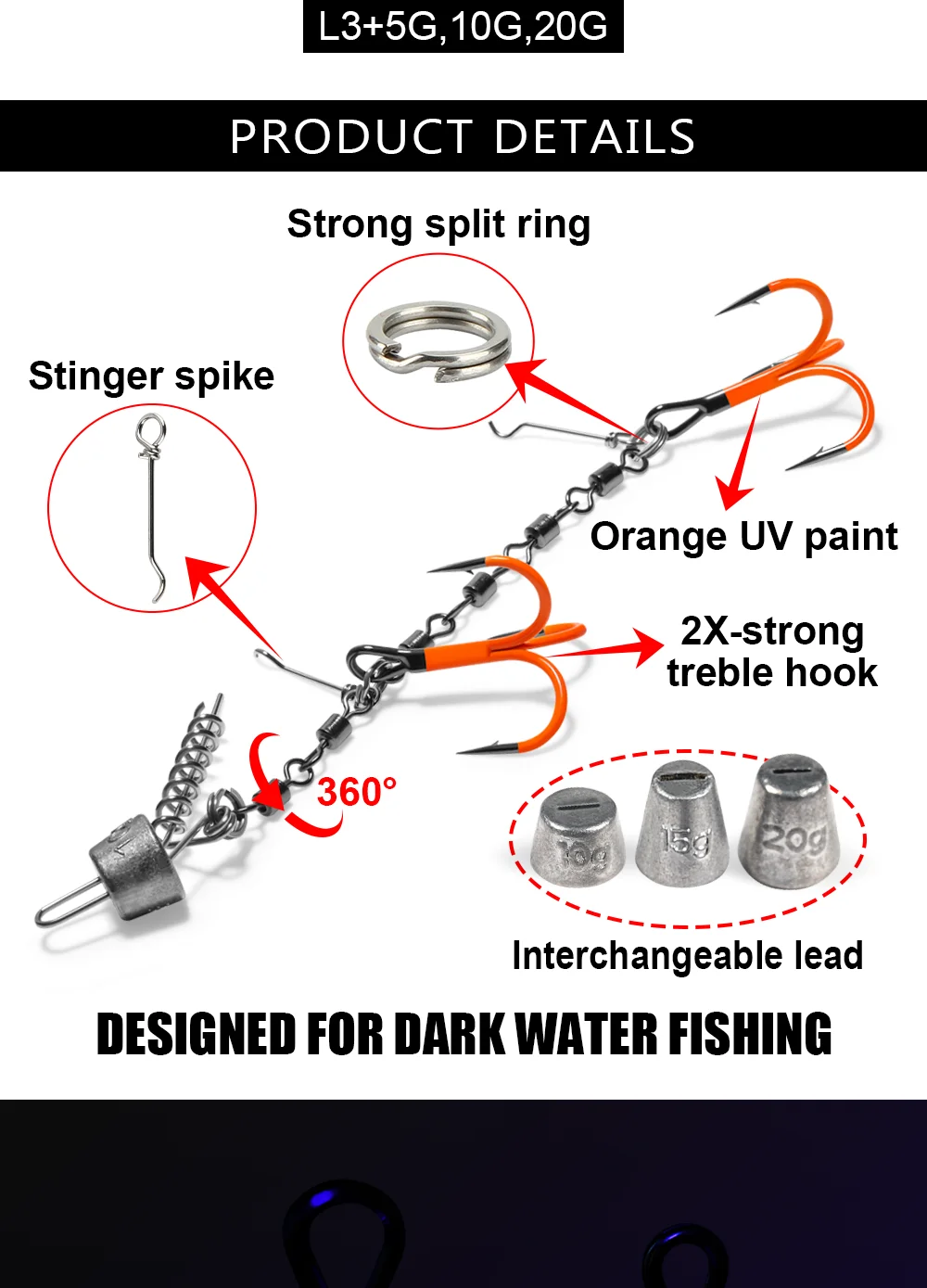 Spinpoler Rolling Wirbel Spiral Stinger Rig Fishing Kit 2X UV Drillinge mit Sinker Gewicht für Soft Lure Swimbait Pike Bass – Detail 4