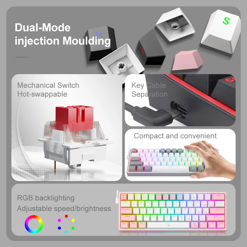 mechanical keyboard REDRAGON Fizz K617 RGB USB Mini Mechanical Gaming Wired Keyboard Red Switch 61 Key Gamer for Computer PC Laptop detachable cable