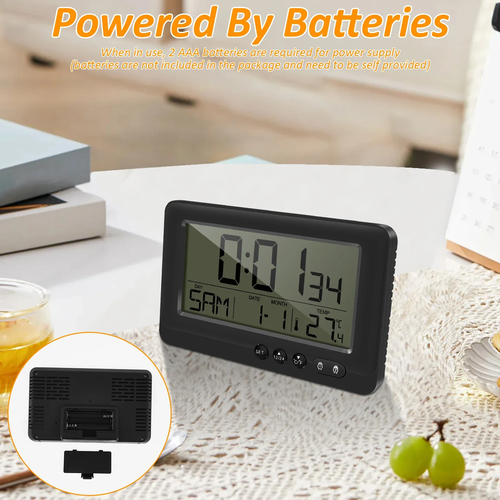 Battery-Powered LCD Digital Clock with Temperature and Date Display, Night Mode, and Alarm Function