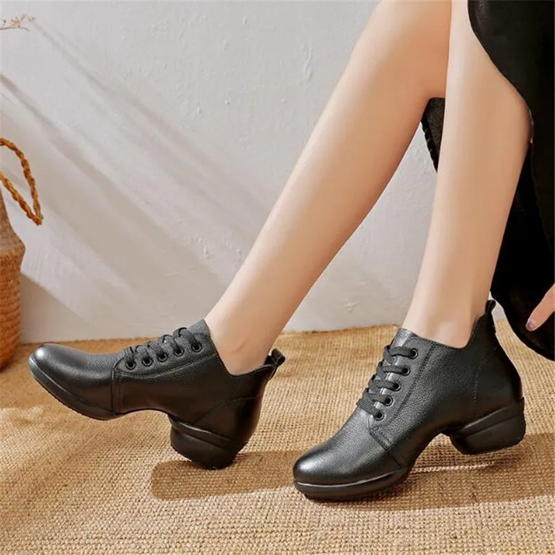 Genuine Leather Woman Latin Dance Shoes Outdoor Dance Boots Salsa Tango Dancing Shoes For Girls Soft Bottom Black Ankle Boots