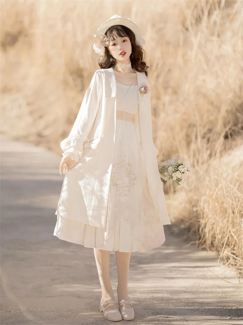 

Spring Summer Woman Lolita Dress + Coat Beige Floral Decorated Lolita Dress Chinese Style Lace Embroidered Halter Dress