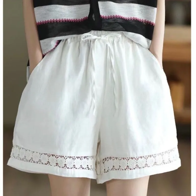 Retro Linen Wide-leg Shorts Women's Thin Summer Elasticized High-waisted Drawstring Hook Flower Hollow Solid Color Casual Pants