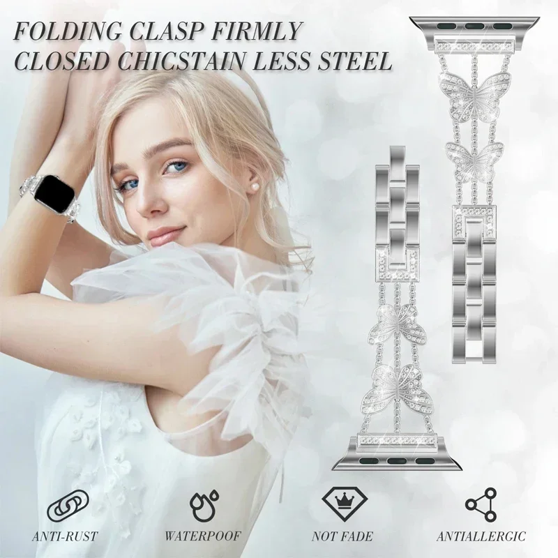 Elegant Stainless Steel Butterfly Diamond Watch Bracelet