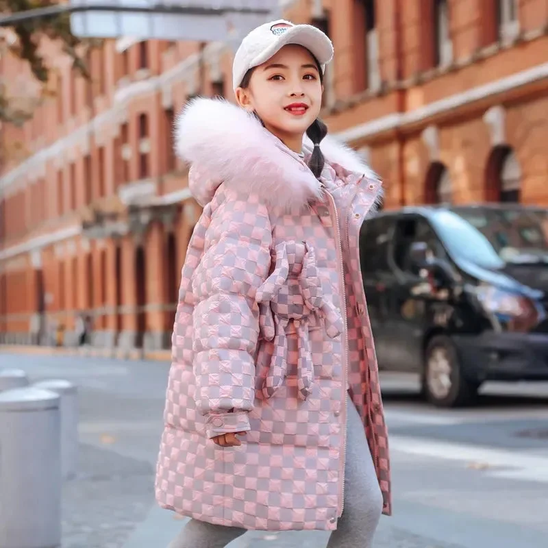 

Iridescent kids Winter Jacket For Girls Thicken cotton Coat Fur collar Hooded Down Jackets Outwear 3-12y Teen