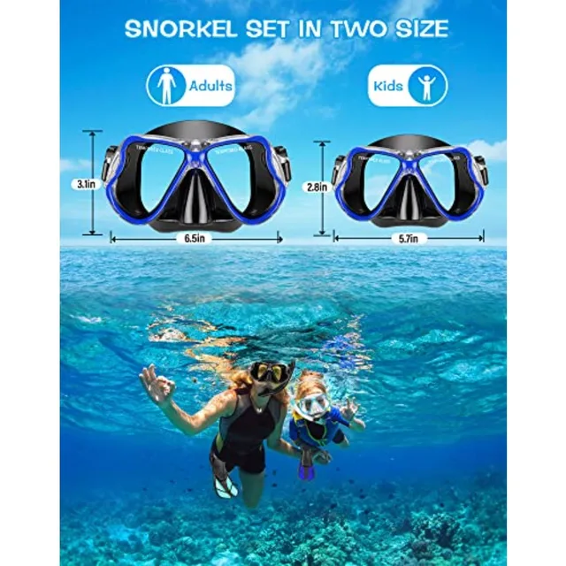 Snorkeling Gear for Adult: Black-Blue Mask, Fins, Snorkel Set Combo Lightweight, Anti-Fog, Comfort Fit Ideal for Swimming or Di