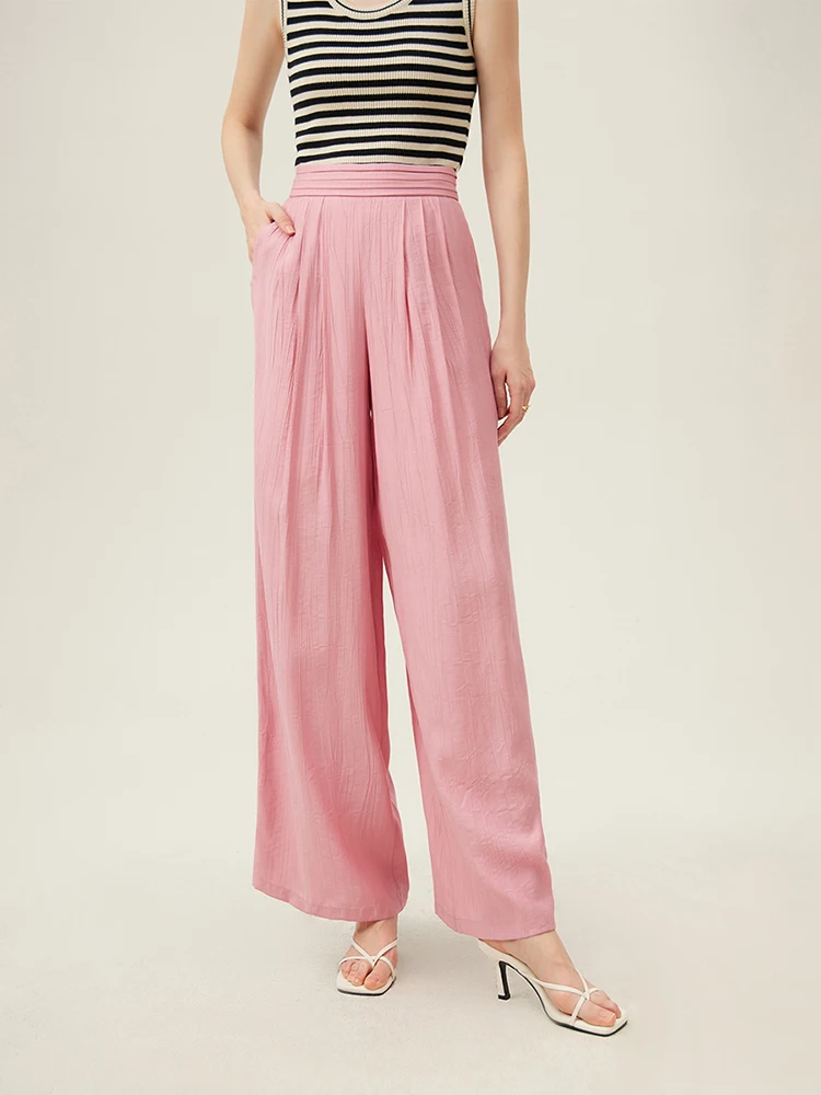 FSLE 여성용 얇은 드레이프 하이 웨이스트 와이드 레그 팬츠, 바닥 걸레질 핑크, 여름, 24FS12213, 2024 신상 