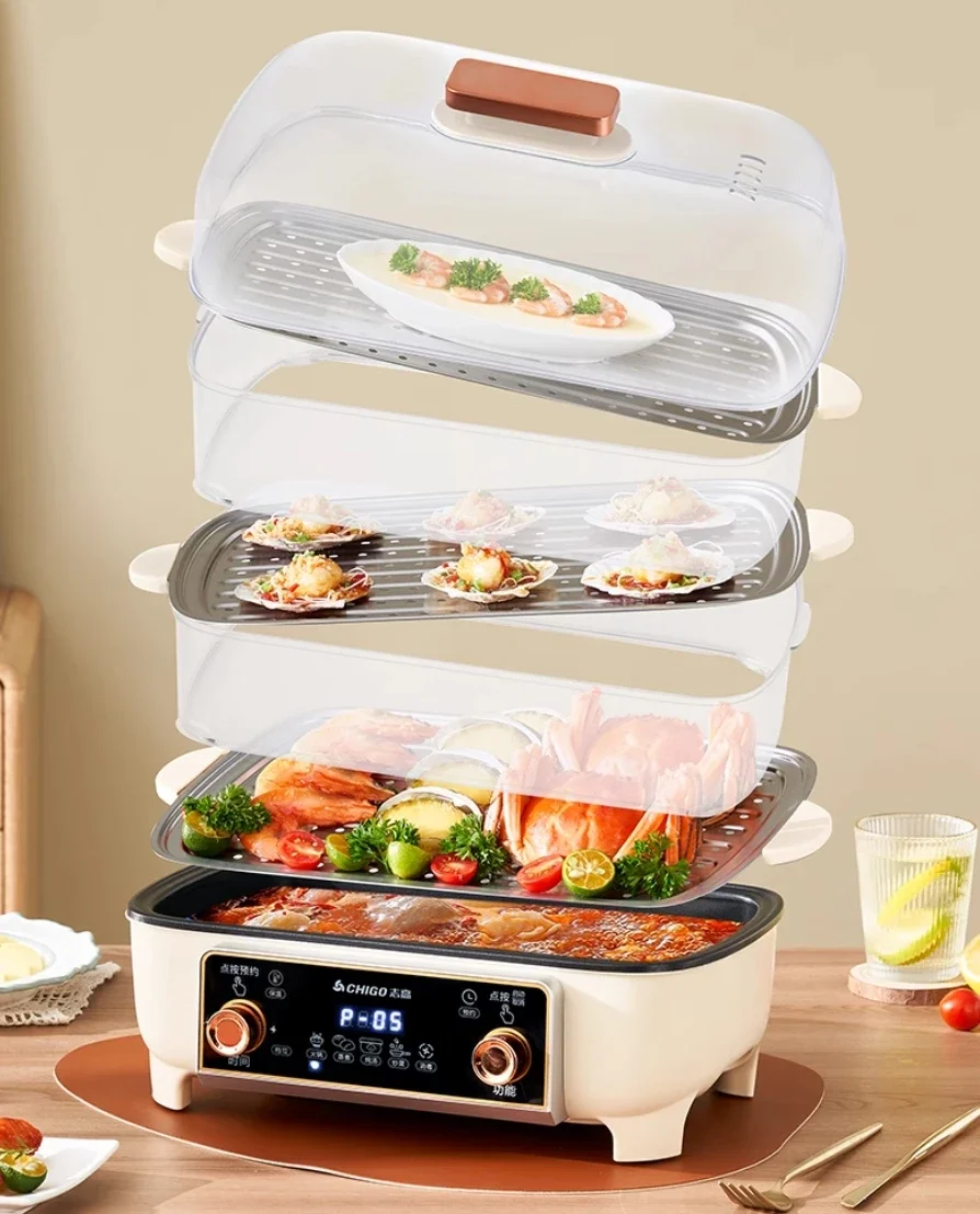 Electric steamer household intelligent reservation three-layer large capacity fully automatic steaming and cooking