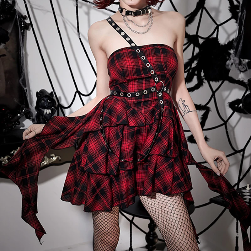 

Gothic Red Plaid Asymmetrical Dress Women Summer Lolita Streetwear Sleeveless Punk Biker Off Shoulder Sexy Dress Party Dresses
