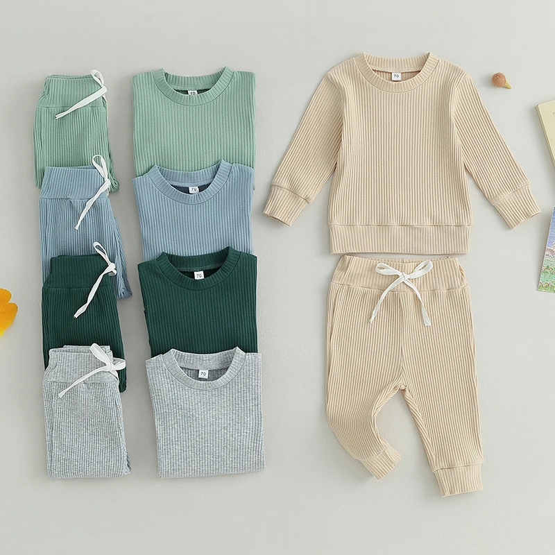 Newborn Baby Clothes Set Ribbed Fall Winter Kids Outfits Solid Color
