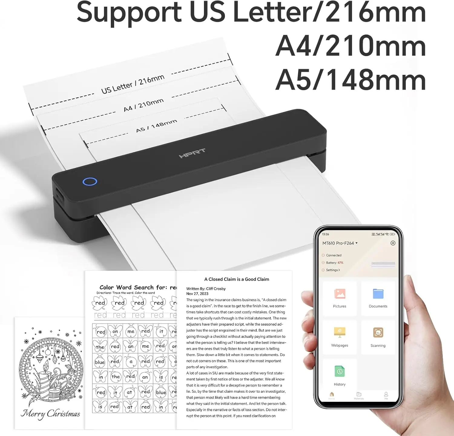300DPI / 200DPI HPRT A4 Portable Thermal Printer MT610-Pro Bluetooth & USB Connect Mobile Computer for Office School Travel