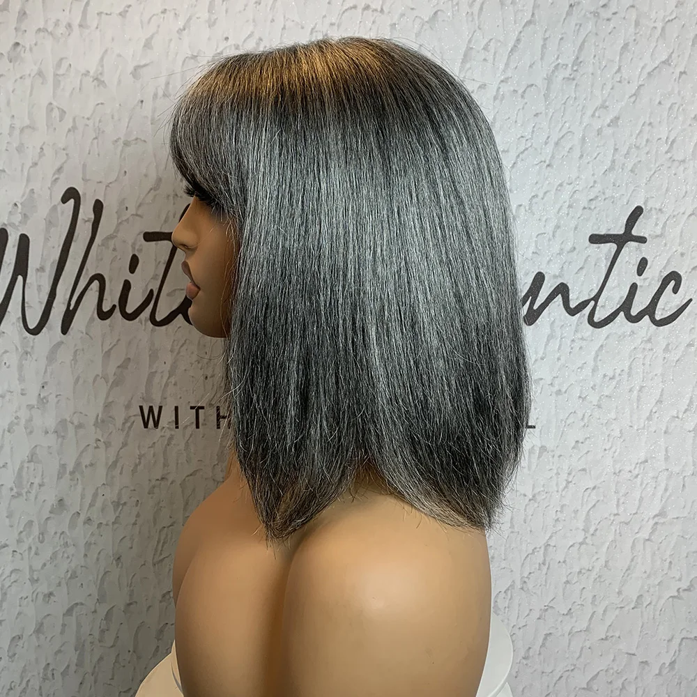 Parrucche per capelli umani grigi misti parrucche piene fatte a macchina per donna parrucche per capelli umani con taglio Pixie grigio parrucche con frangia - immagine 5