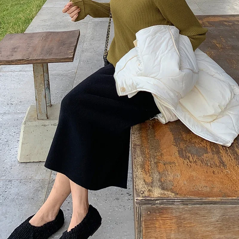 Maternity Midi Skirt Knitted with Core-Shell Yarn Adjustable Belly Support Semi-Long Versatile Skirts for Pregnant Women