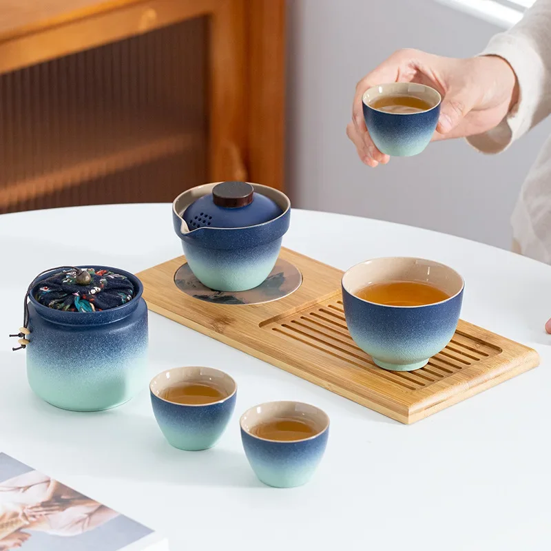 Travel tea set Kuaike cup, one pot, three cups, portable cover bowl, small set, outdoor kung fu set, tea advertising gifts