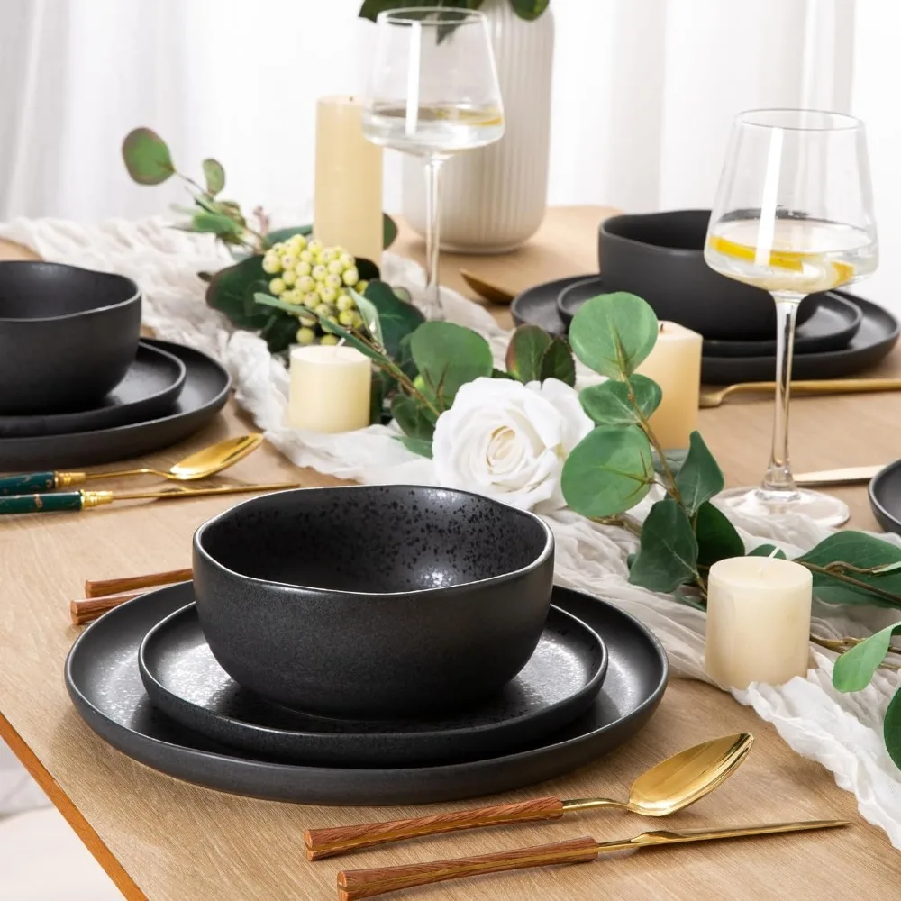 AmorArc Ceramic Dinnerware Sets, Wavy Rim Stoneware Plates and Bowls Sets, Highly Chip and Crack Resistant Dishwasher