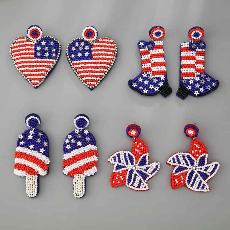 

2023 European and American Creative Independence Day Fabric Bead Earrings Ethnic Style Handmade Heart Shaped Flag Sequin Jewelry