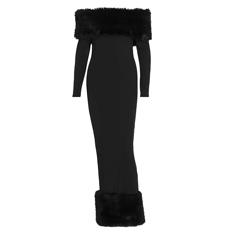 Frauen Patchwork Off-Schulter Maxi Kleid Faux Pelz Trim Langarm Bodycon Kleider Herbst Winter Weibliche Parteien Abend robe – Detail 2