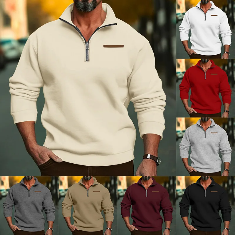 Men Velvet Sweatshirts Casual Autumn Winter Long Sleeve Zip Pocket