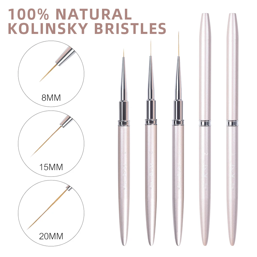 KADS 3pcs 100 Natural Kolinsky French Nail Art Liner Brushes 8/15/20mm Gel Polish Nail Art Tools Design Painting Drawing Liners