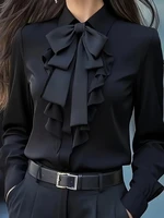 Women's Formal Shirt Collar Bow Tie Ruffles Long Sleeve Blouse - Image 2