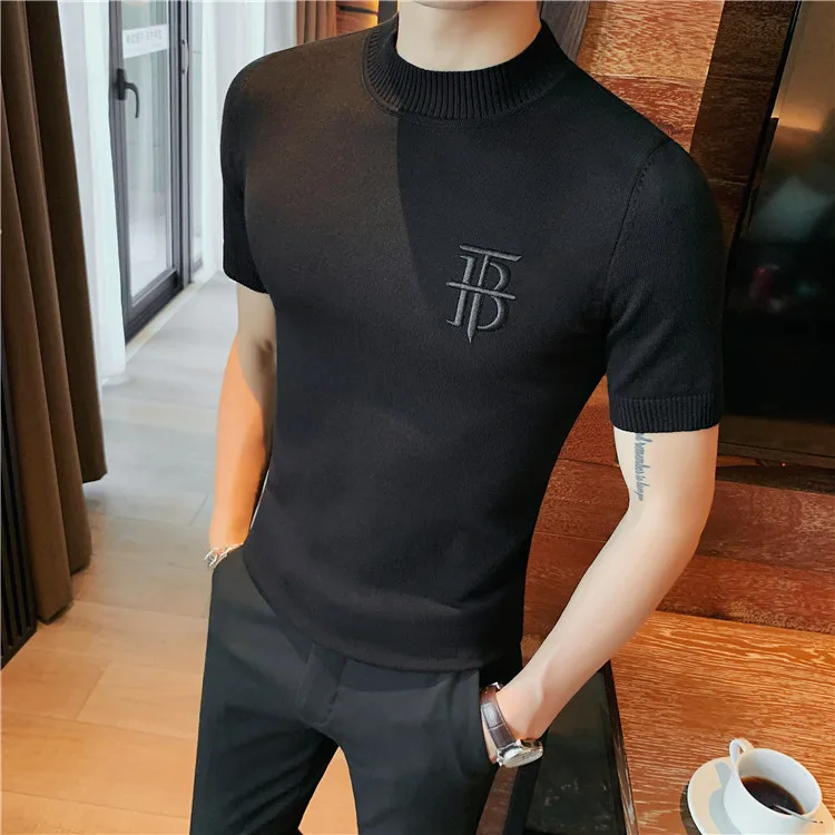 Luxury Men Summer Knitted T-shirt High Quality Slim Fit O-neck Tops Jacquard Tees Brand Clothing Social Club Pullovers T-Shirt