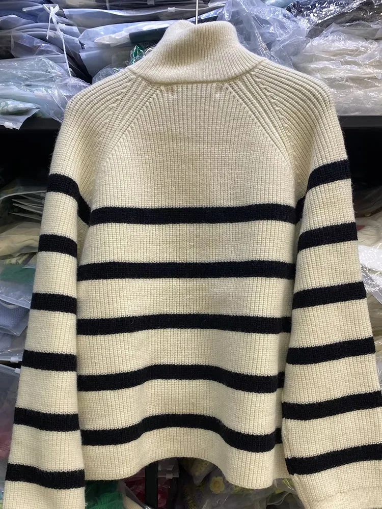 Zach AiIsa fall new women's simple long-sleeved retro striped stretch soft texture pullover sweater knit