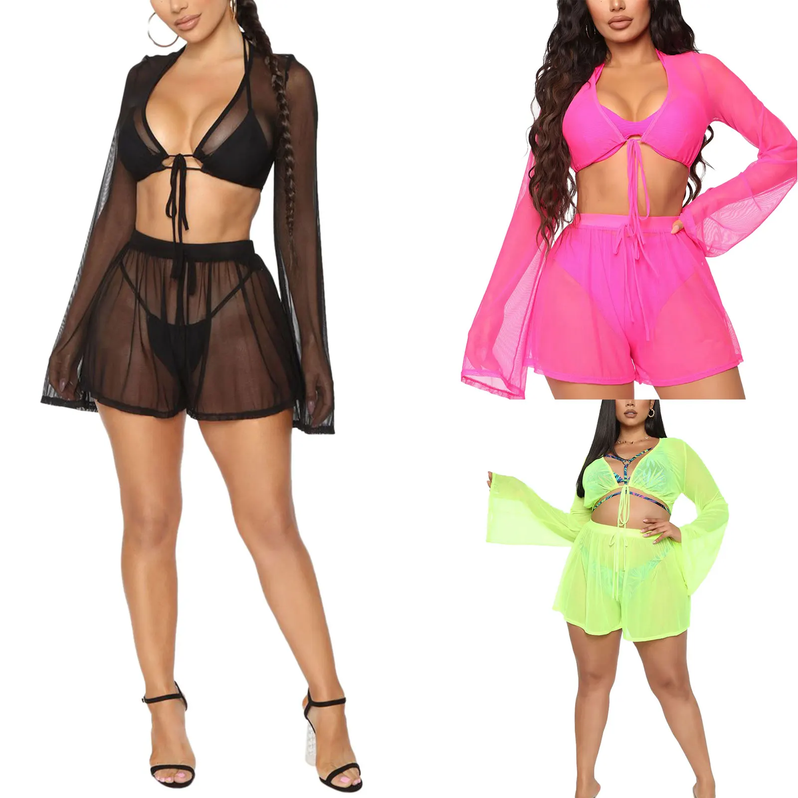 

See Through Mesh Two Piece Cover Up Women Swimwear Set Sexy Tulle Midriff-baring Lace-up Smock Solid Color Perspective Shorts