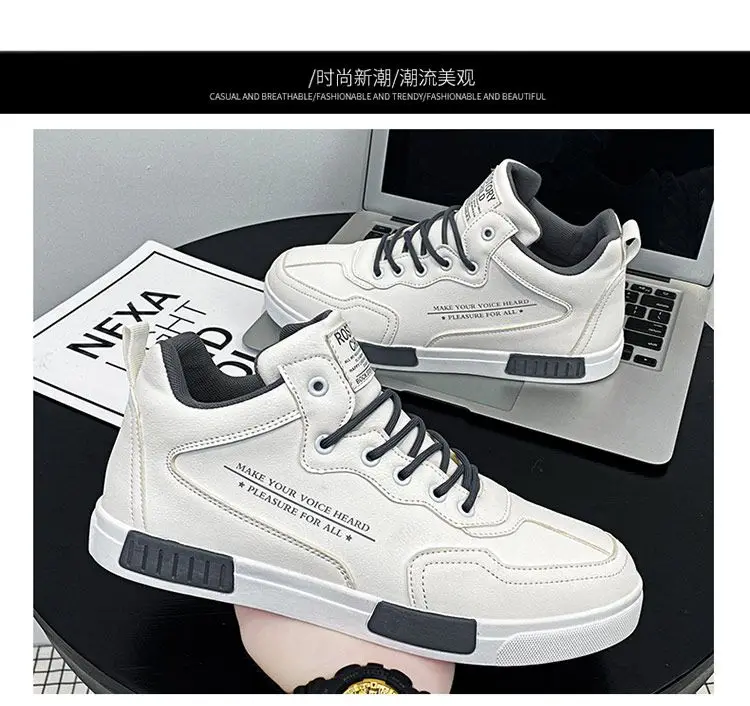 Weiße High-Top-Turnschuhe für Herren, Schnür-Leder-Sportschuhe, große Größe 45, vulkanisierte Herren-Turnschuhe, Tenis-Trainer, männliche Freizeitschuhe – Detail 20