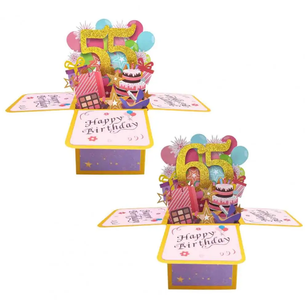 Happy Birthday Greeting Card with Envelope 3D Gift Box 65th/55th 12/15 Years Old Birthday Wishes Message Card Party Gift