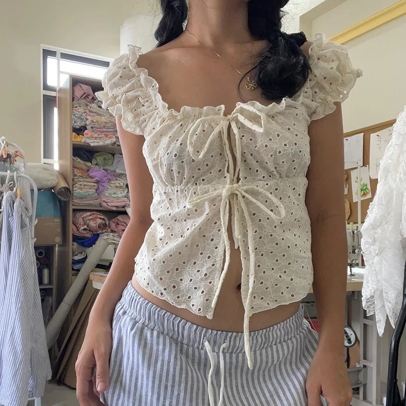 

Sweet Hollow Out Jacquard Lace-up T-shirts Women Casual Beige Square Neck Slim Short Sleeve Puff Tees Vintage Chic Y2K Crop Tops