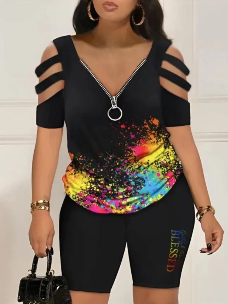 Woman Outfit Summer Casual Fashion Sexy Hollow Out T Shirt And Shorts 2 Piece Sets Print T Shirts Two Piece Set For Women New