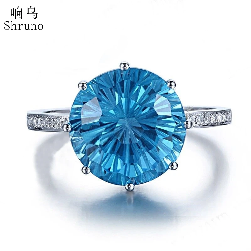 

HELON Round 10mm Genuine Blue Topaz Ring Solid 10K White Gold Lab Grown Moissanite Diamond Engagement Wedding Ring Women Jewelry