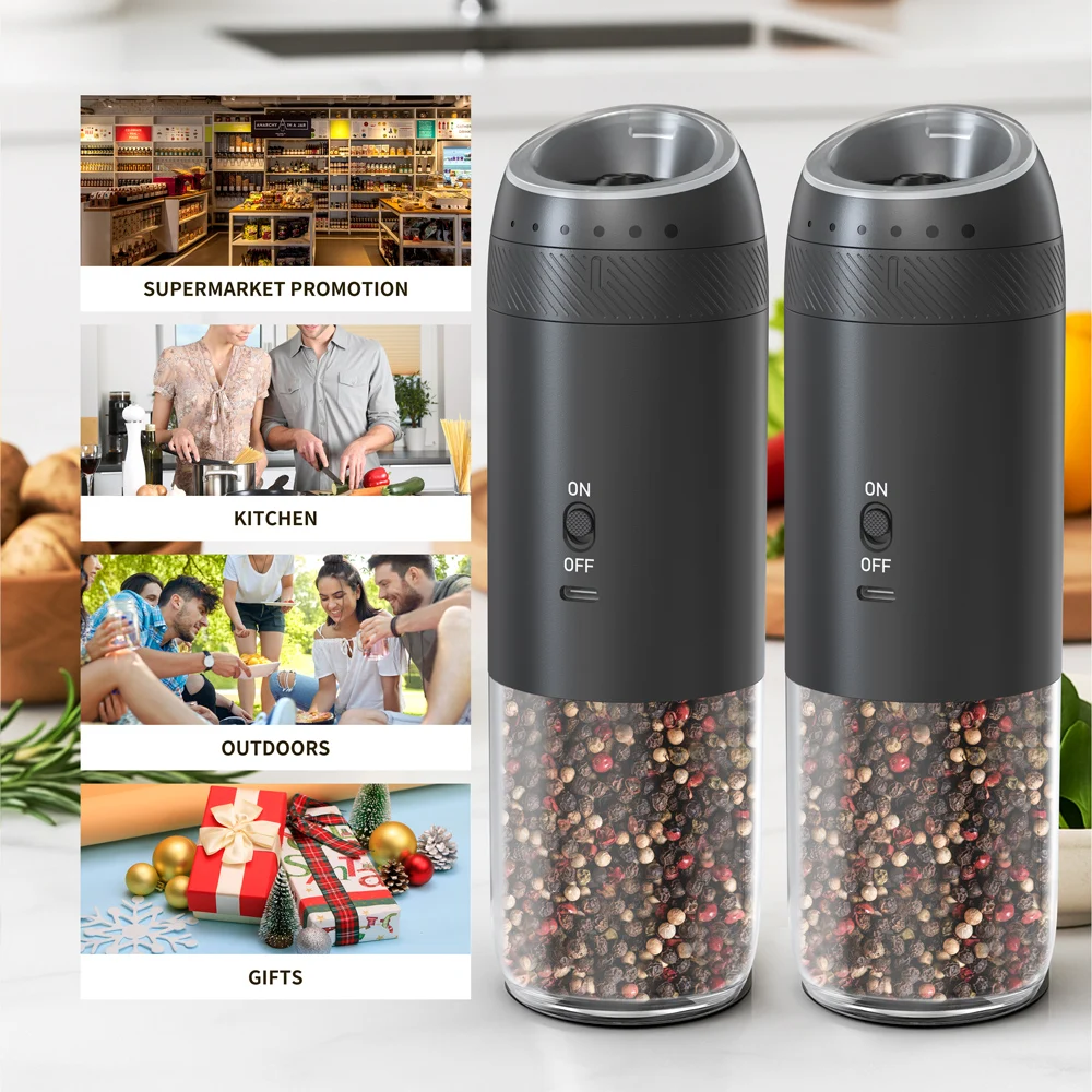 Gravity Electric Pepper & Salt Grinder Set - USB Rechargeable, Adjustable, LED Light, Stainless Steel
