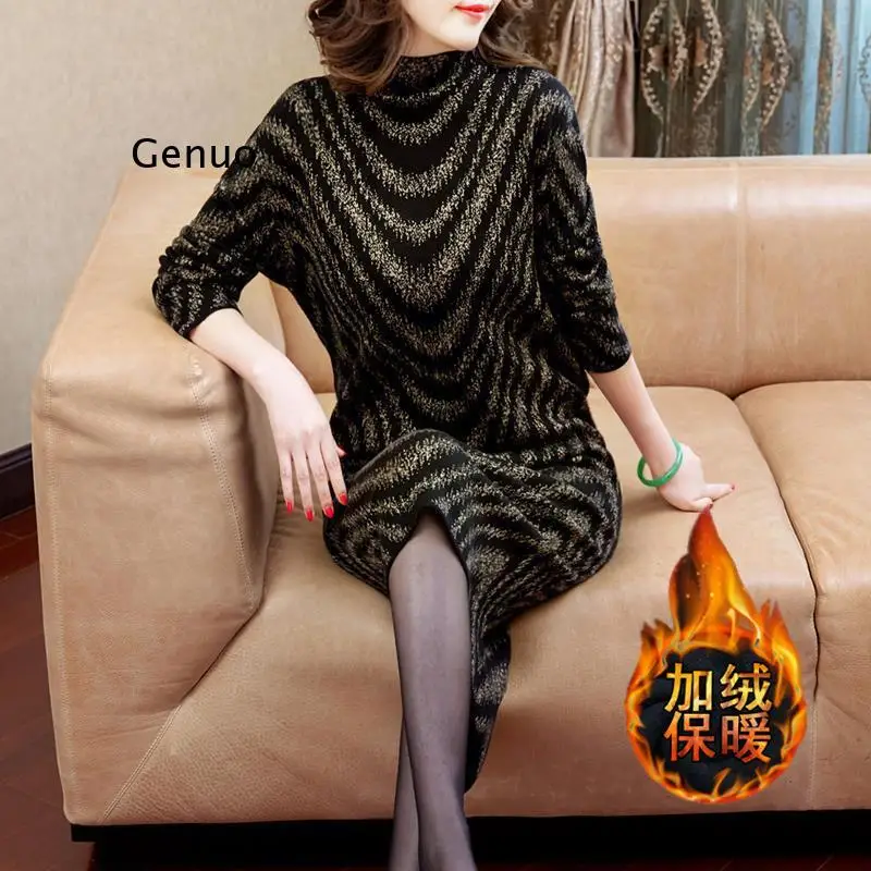 

New Women Dresses Female Loose Warm Thick Cotton Casual Turtleneck Vestidos Ladies Temperament Party Dress
