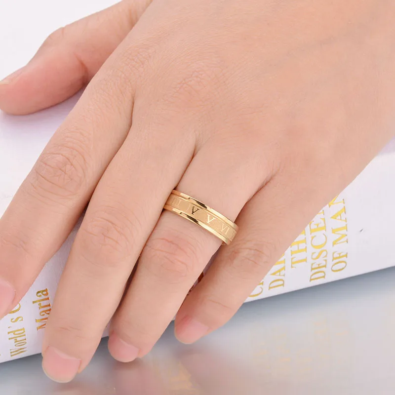Freeteeme Vintage Roman Numbers 6mm Width Ring Wedding Fashion Stainless Steel Couple Rings for Woman Men Jewelry Birthday Gifts 5