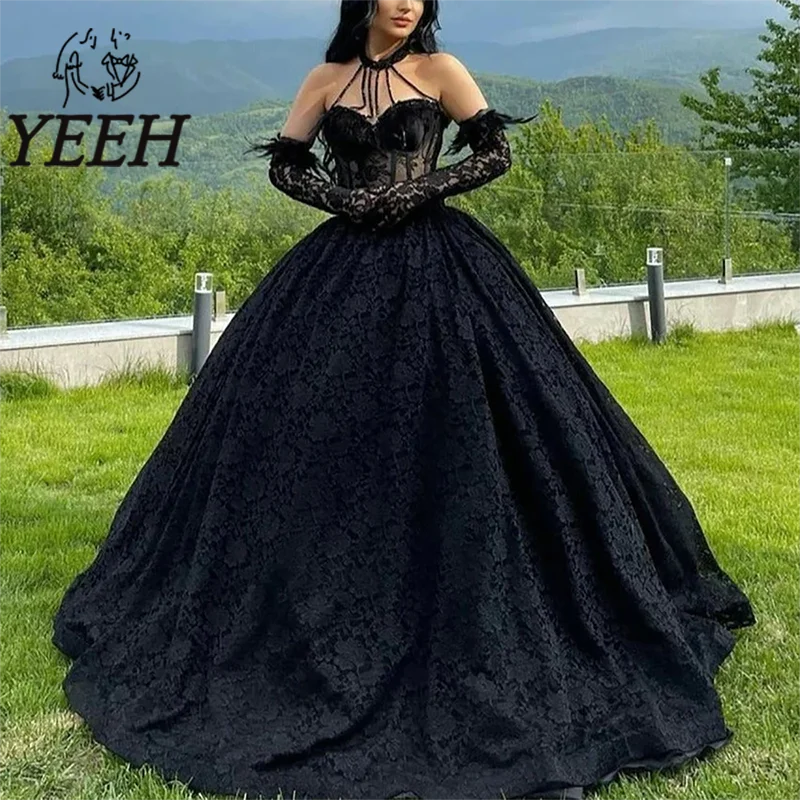 

Свадебное платье YEEH, Кружевная аппликация, готическое черное свадебное платье с лямкой на шее, милое иллюзионное платье со шлейфом для невесты
