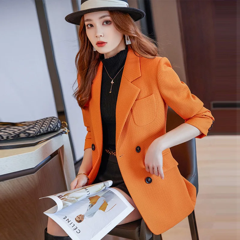 

Women's Formal Blazers Ladies Female Orange Black Green Casual with loose checked Plaid Double-breasted Fashion Work Wear Coats