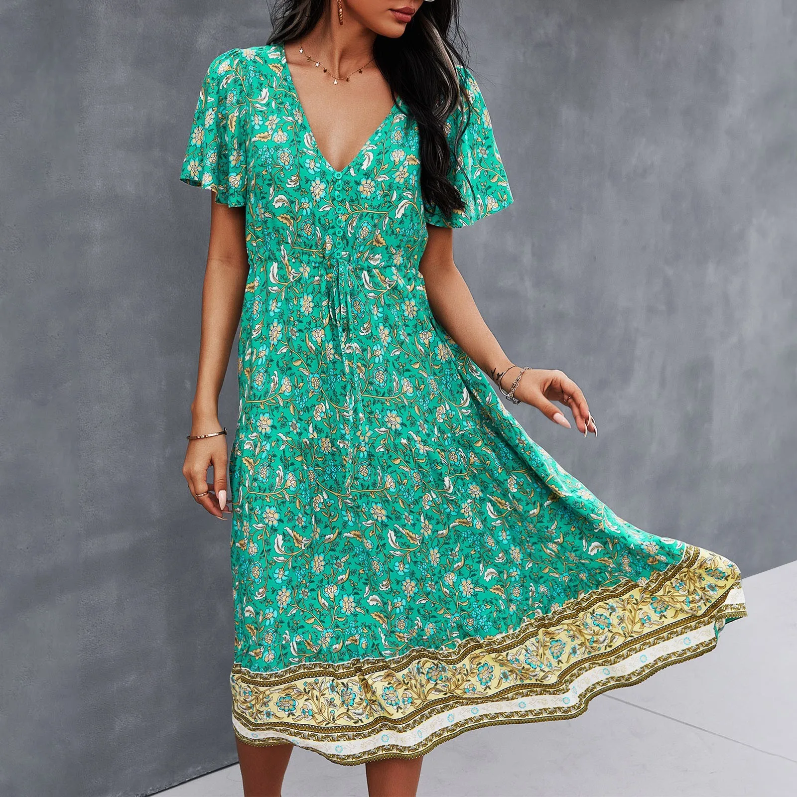 Women Casual Vacation Boho Loose V Neck Pleated Floral Print Sleeveless Dress