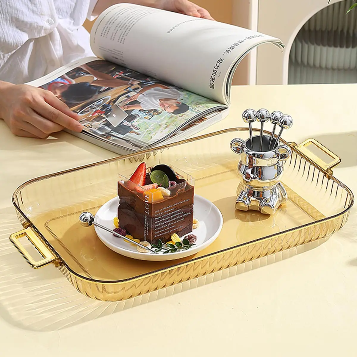Rectangular Storage Tray With Handle Plastic Serving Tray Living Room Transparent Teapot Teacup Storage Plate