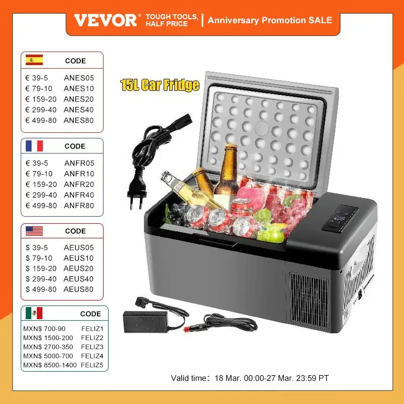 VEVOR 15L Small Fridge Portable Car Freezer 12V 24V Mini Refrigerator Compressor Cooler for Traveling Camping