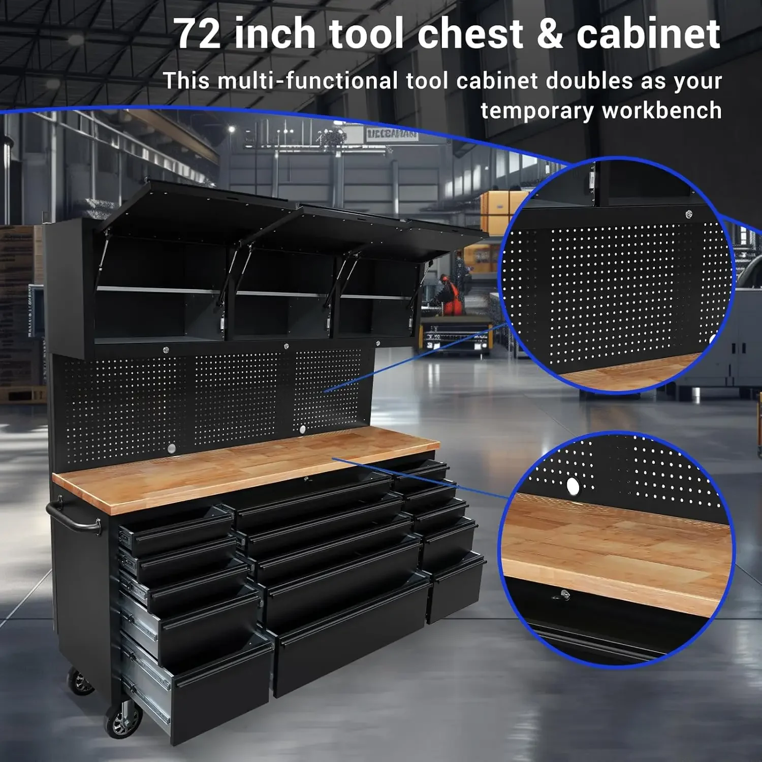 72" Tool Chest Rolling Tool Box 15 Storage Drawers 3 Upper Cabinet Pegboard Large Toolbox with Wheels for Warehouse Basement 6