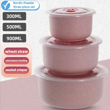 3 pz/set contenitore per il pranzo al grano scatola per il pranzo rotonda con coperchio può essere scatola di immagazzinaggio di forniture da cucina con ciotola sigillata per microonde 1