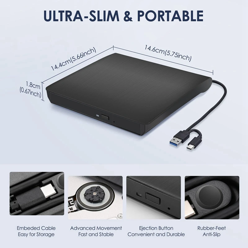 B04B-External CD DVD +/-RW Drive, USB 3.0 & USB-C Portable CD & DVD ROM Burner Player Reader Writer Rewriter Disc Drive