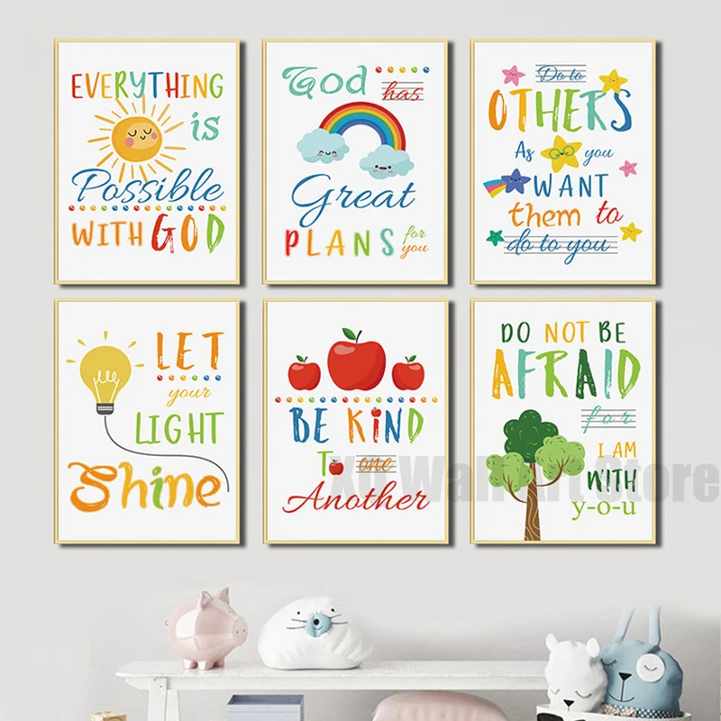 

Colorful Cute Sun Clouds Stars Tree Leaves Canvas Painting Print Inspirational Quotes Wall Poster for Baby Room Nursery Home Art