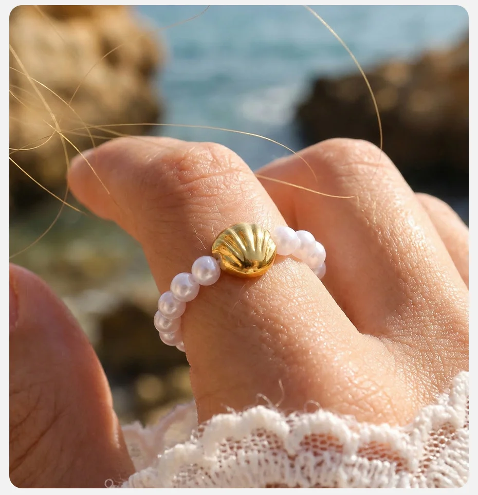 Vnox Trendiger Edelstahl-Seestern-Ring mit Muschel-Imitationsperle für Damen, Französischer Romantischer Boho Einfacher Eleganter Fingerschmuck – Detail 3