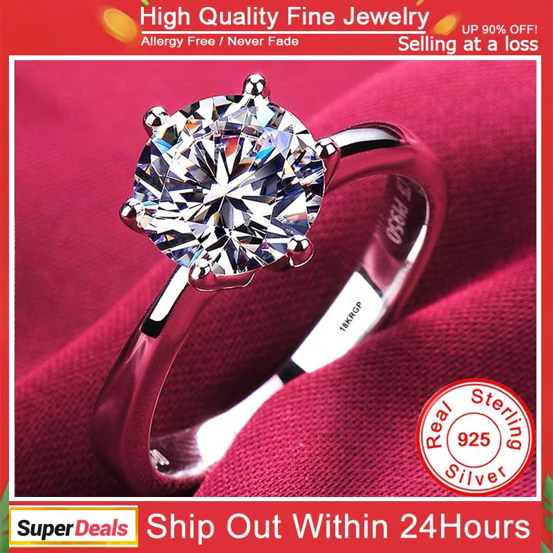 

Allergy Free Original Luxury 18K White Gold Color 925 Silver Ring Round Solitaire 2 Carat Zircon Wedding Band Gift for Women