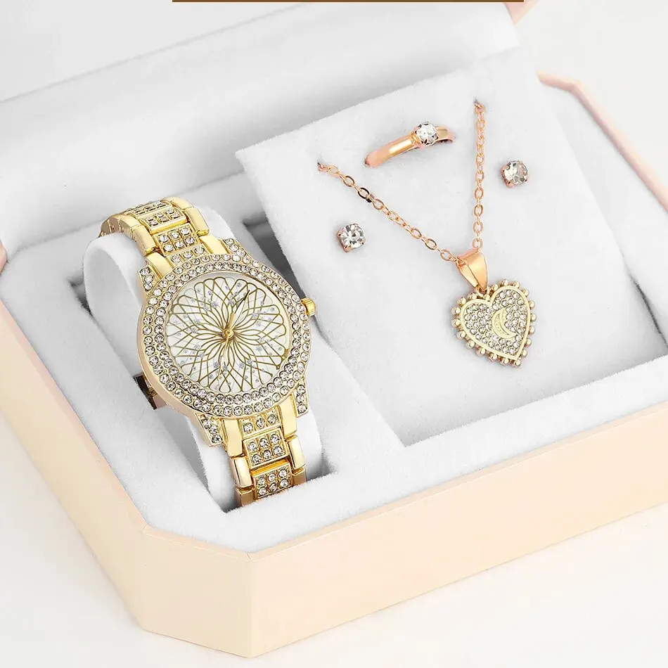 Sf2df003f2f824a70a08f4a95ac78453fd 5PCS Set Luxury Watch Women Ring Necklace Earrings Rhinestone Fashion Wristwatch Female Casual Ladies Watches Golden Color Set Mallzona