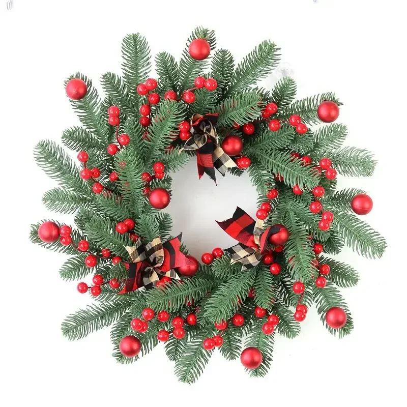 2025 New Christmas Red Berries Pine Branch Wreath Artificial Berries Snowy Pine Front Door Wreaths Wall Garland For Christmas Or - Image 5