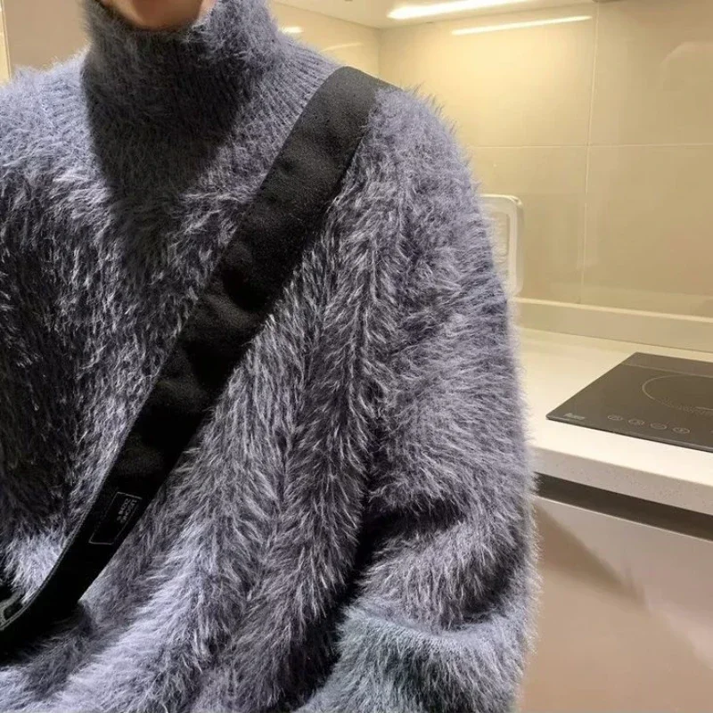 Winter Imitation Mohair Turtleneck Sweater Fashion Causal Loose High Street Knit Sweaters Pullovers Men Top Male Clothes 6